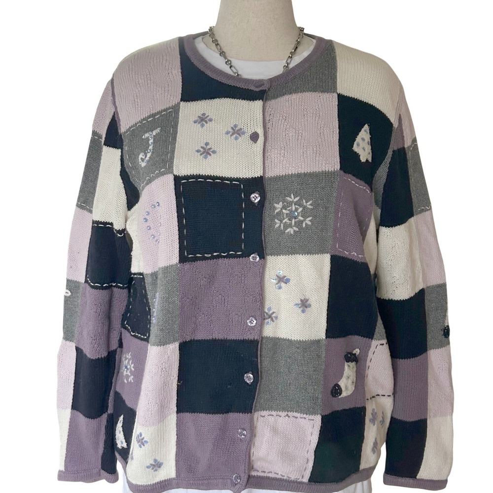 Vintage Cardigan CJ Banks 1X Ramie Cotton Patchwork Embroidered Winter Festive